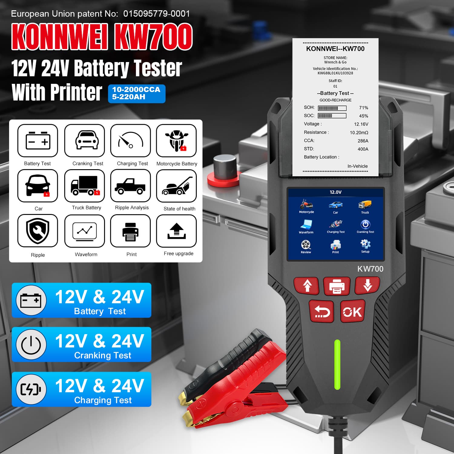6V-12V-24V KW700 Car Battery Tester with Direct Printing Function (TOPDON ANCEL)
