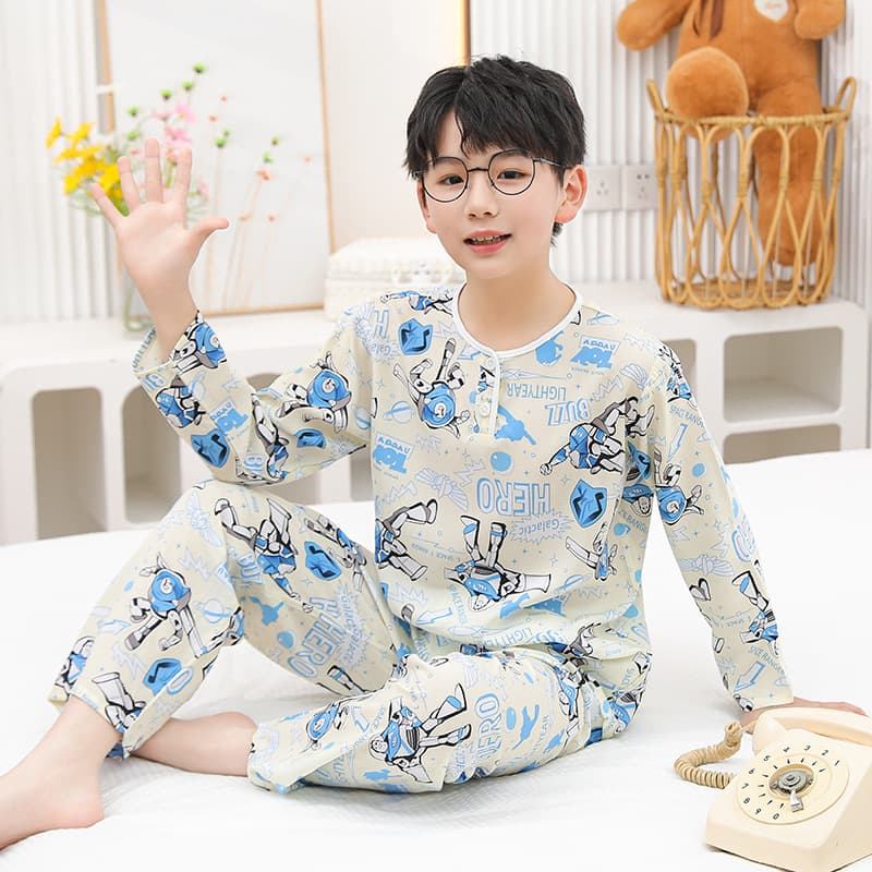 Children's Cotton Silk Sleepwear Set Summer Long Sleeve Thin Home Clothes Air Conditioning Clothes Boys Girls Home Leisure Suit