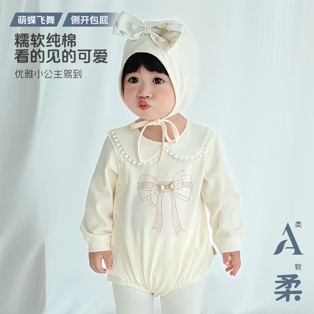 Spring/Autumn Baby Long-Sleeve Bodysuit for Girls, Newborn Onesie, White, Full-Month Crawling Suit