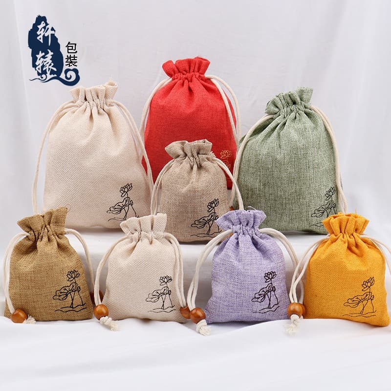 Lotus Linen Jewelry Pouch Single-Layer Breathable Wooden Bead Drawstring Storage Bag Burlap Jewelry Accessories Packaging Bag