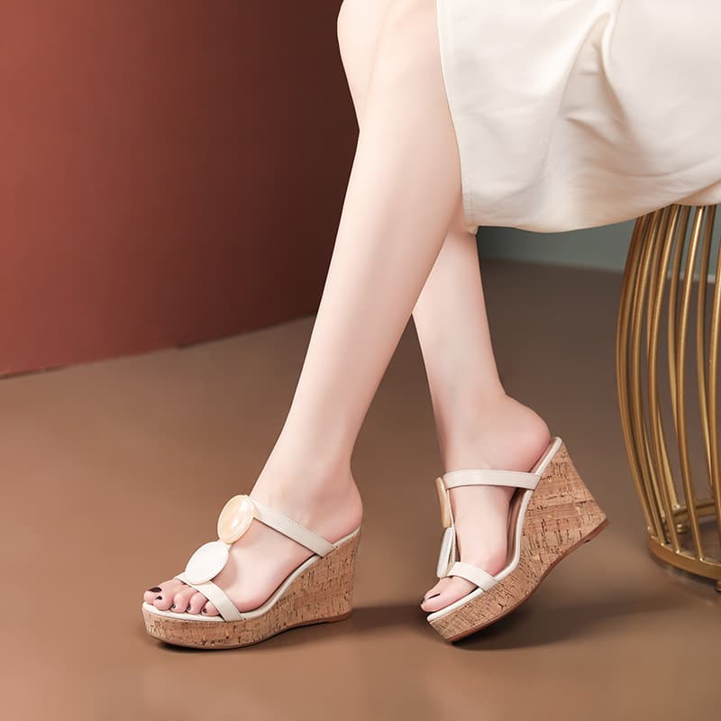 Small Size Ultra High Heel Genuine Leather Wedge Sandals for Women Summer Outdoor Premium One-Strap Thick Sole High Heel Slippers