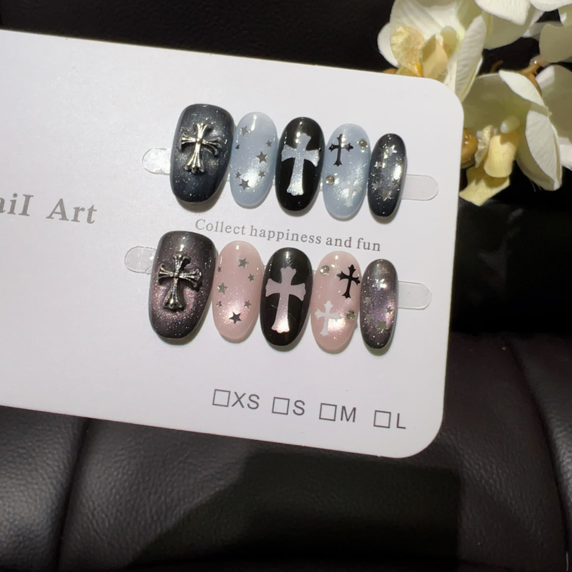 [Contrast Color Gothic] Warm-Cool Contrast Gothic Pink Blue Purple Gradient Cat Eye 3D Metal Cross Star Press-On Nails
