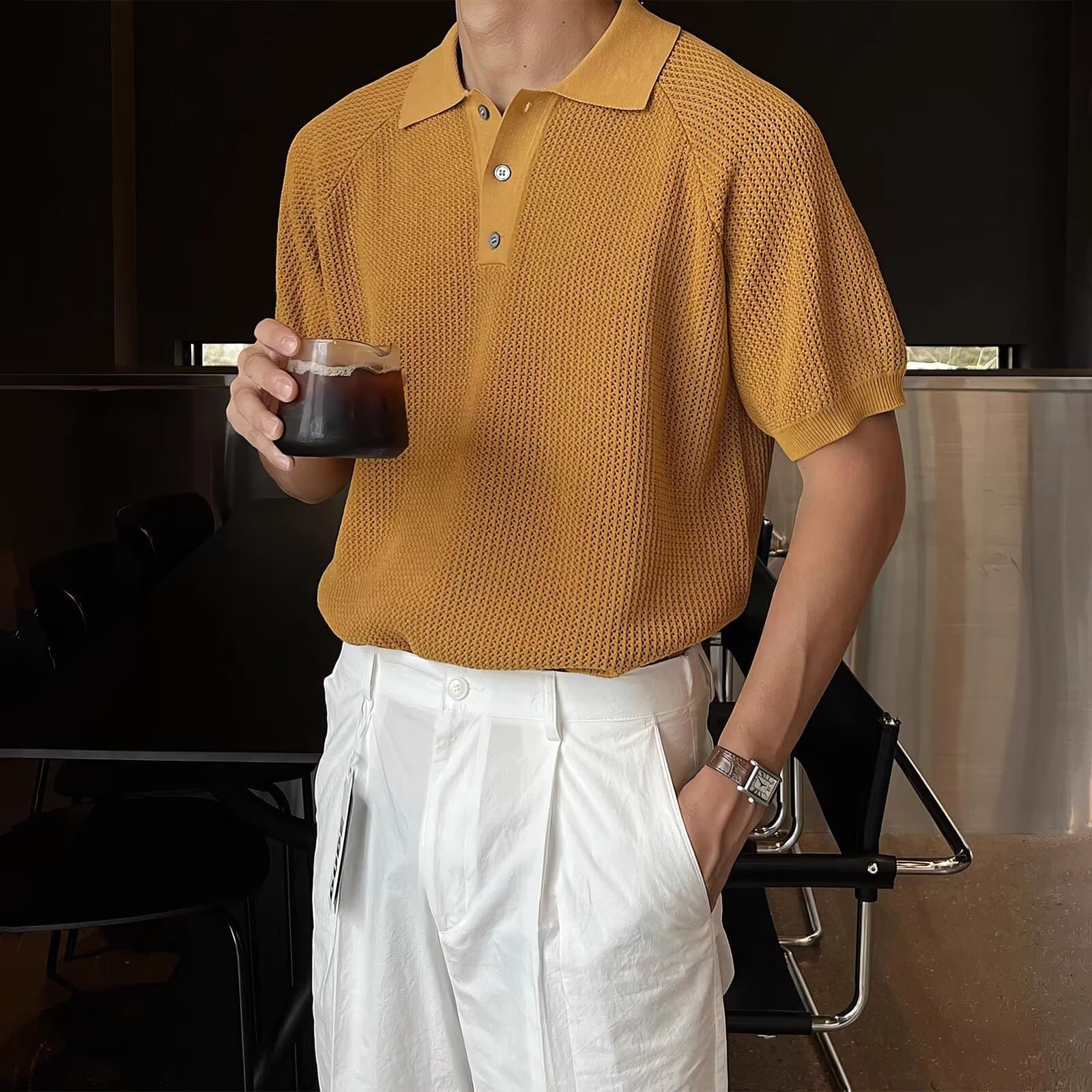 Cool-Touch Honeycomb Polo Knit Shirt Men's Summer New Trendy Solid Color Premium Loose-Fit Turn-Down Collar Short Sleeve T-Shirt Top