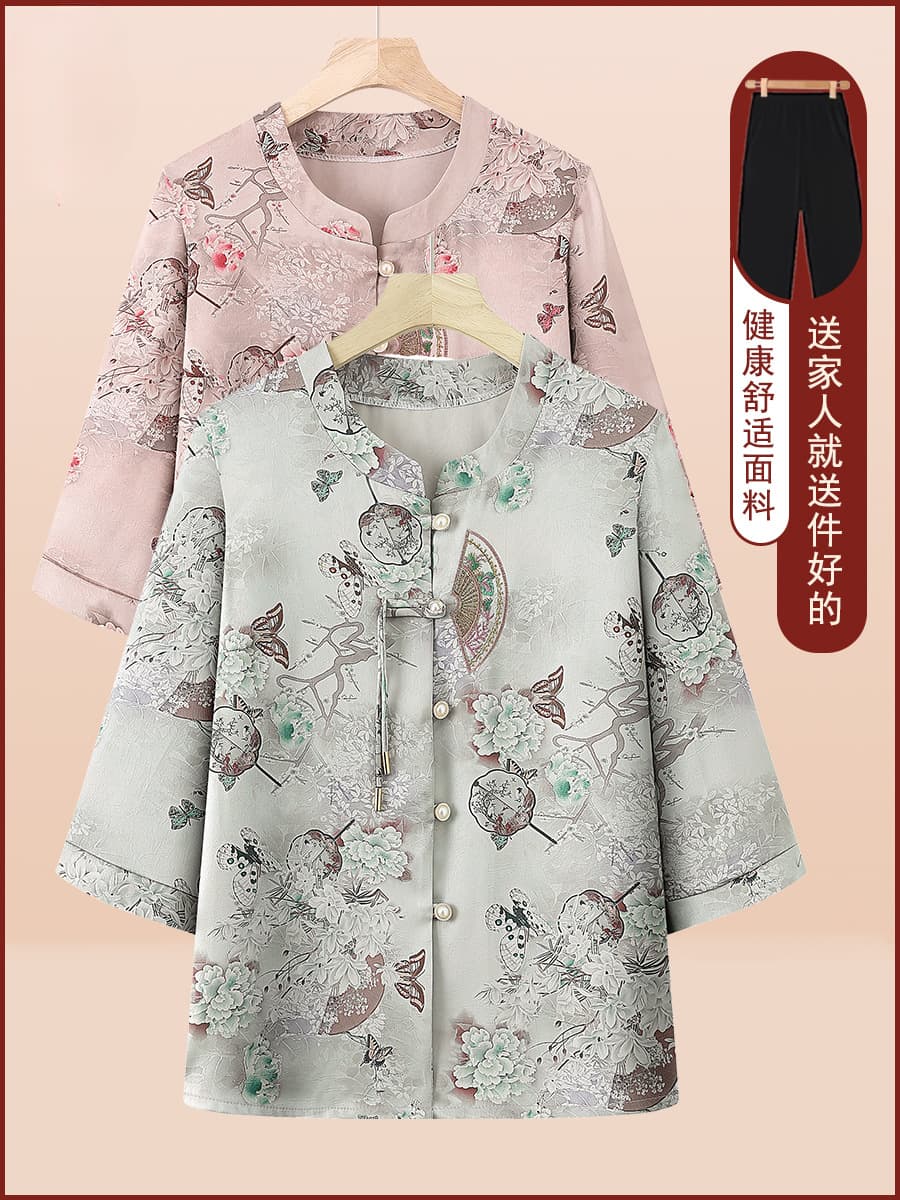 Summer Blouse for Elderly Women, Grandmother Three-Quarter Sleeve Top, Stylish Chinese-Style Shirt for 70-Year-Old Ladies
