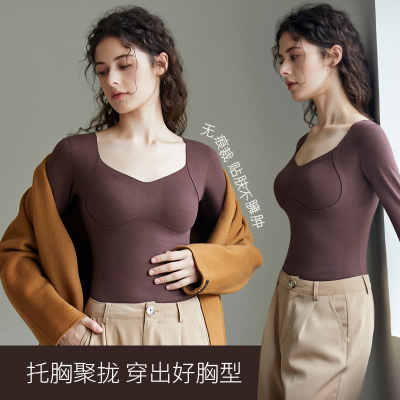 8829 Autumn/Winter Wool Silk Velvet Thermal Underwear for Women with Padded Chest, Fleece Lined, Thickened Base Layer, Long-Sleeved Top