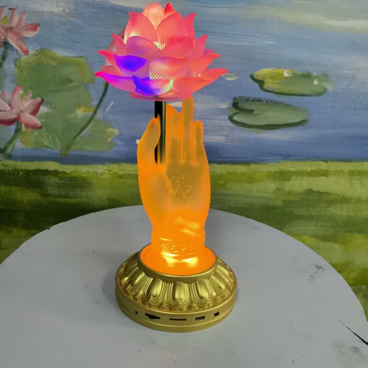 Multifunctional Craft Ornament Gold Buddha Hand Seven-Color Lotus Lamp Auto-Rotating Lotus Lamp with Built-in Bluetooth TF Speaker