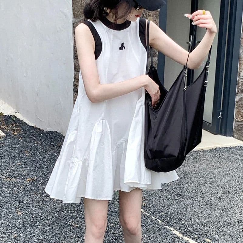 Girls' Korean-Style Dress, Summer Trendy Sleeveless Tank Dress for Older Children, Mid-Length Casual T-Shirt Dress for Little Girls