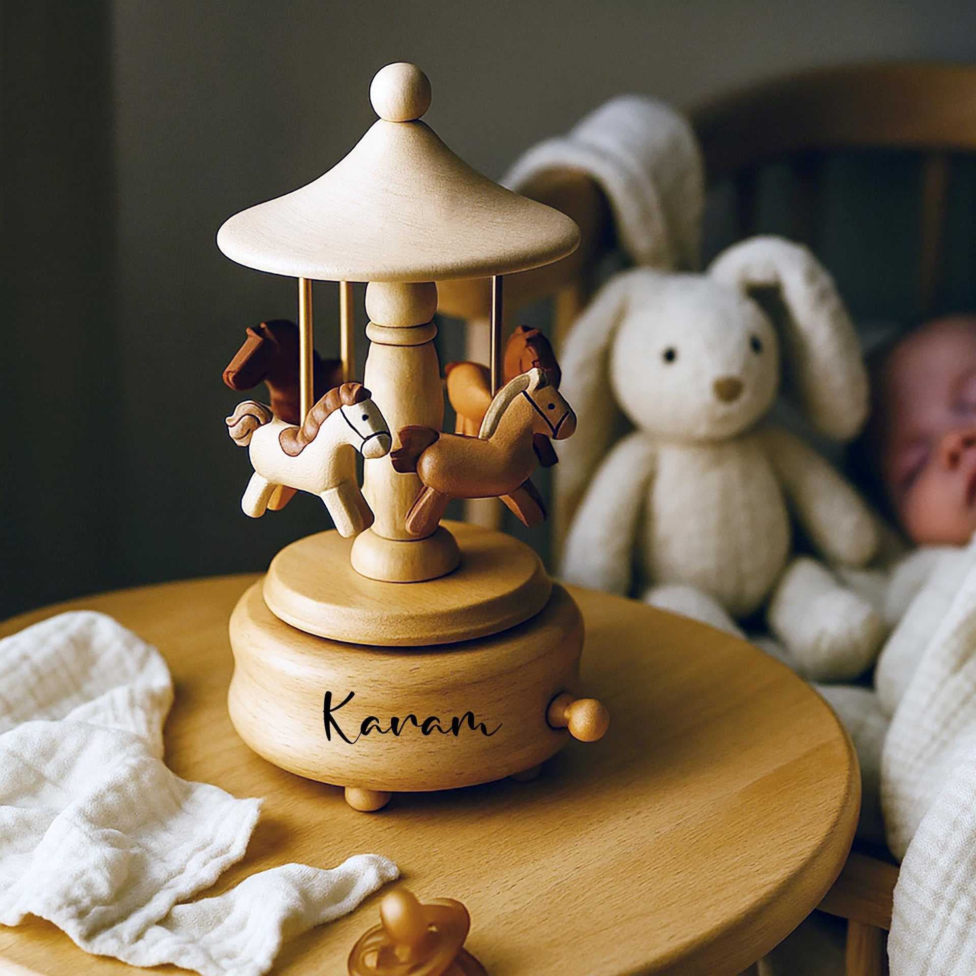 Cross-border Custom Personalized Wooden Carousel Music Box Newborn Souvenir Home Decoration Craft