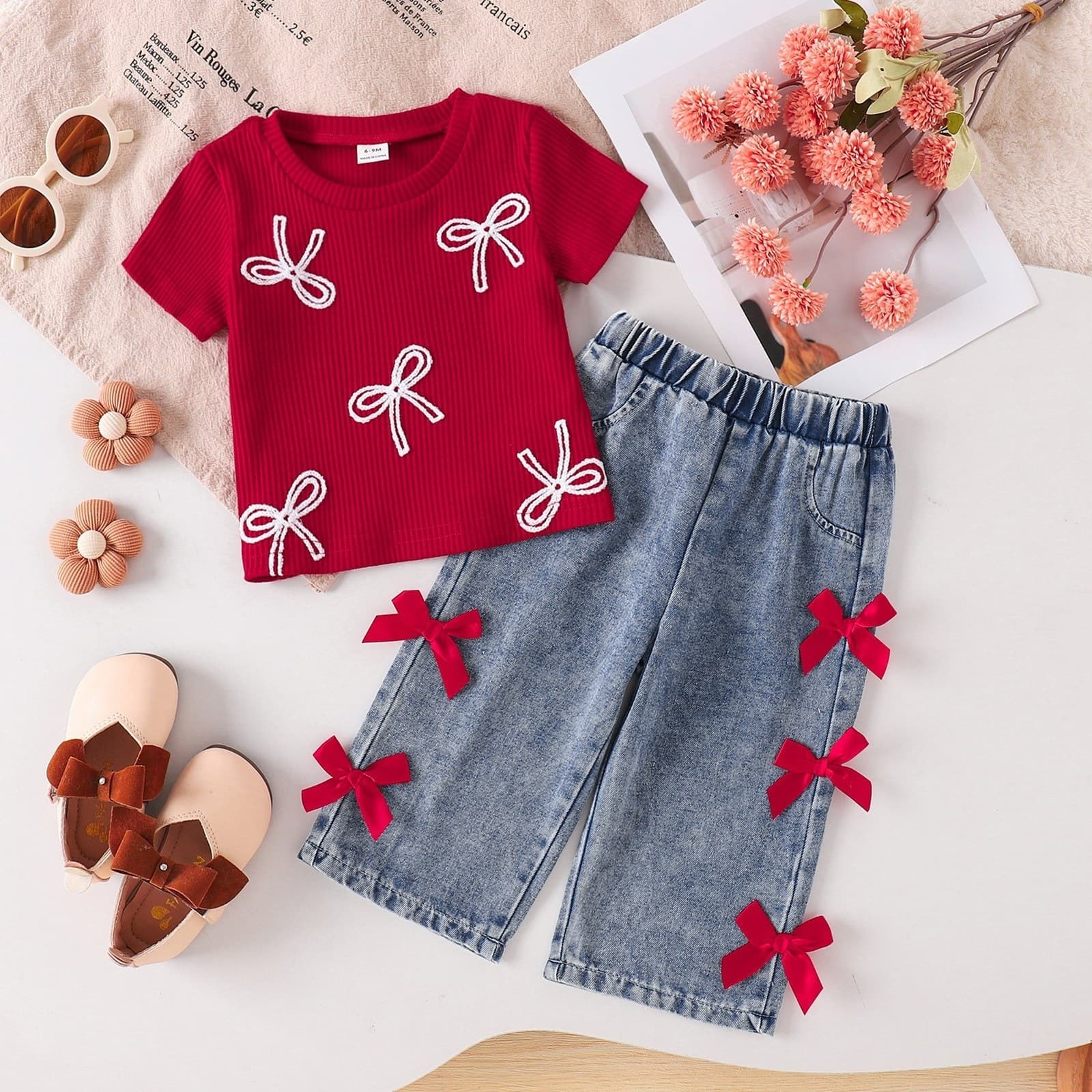 European and American Style Cross-Border Children's Clothing 2026 Summer New Girls Red Bow Ribbed Top Jeans