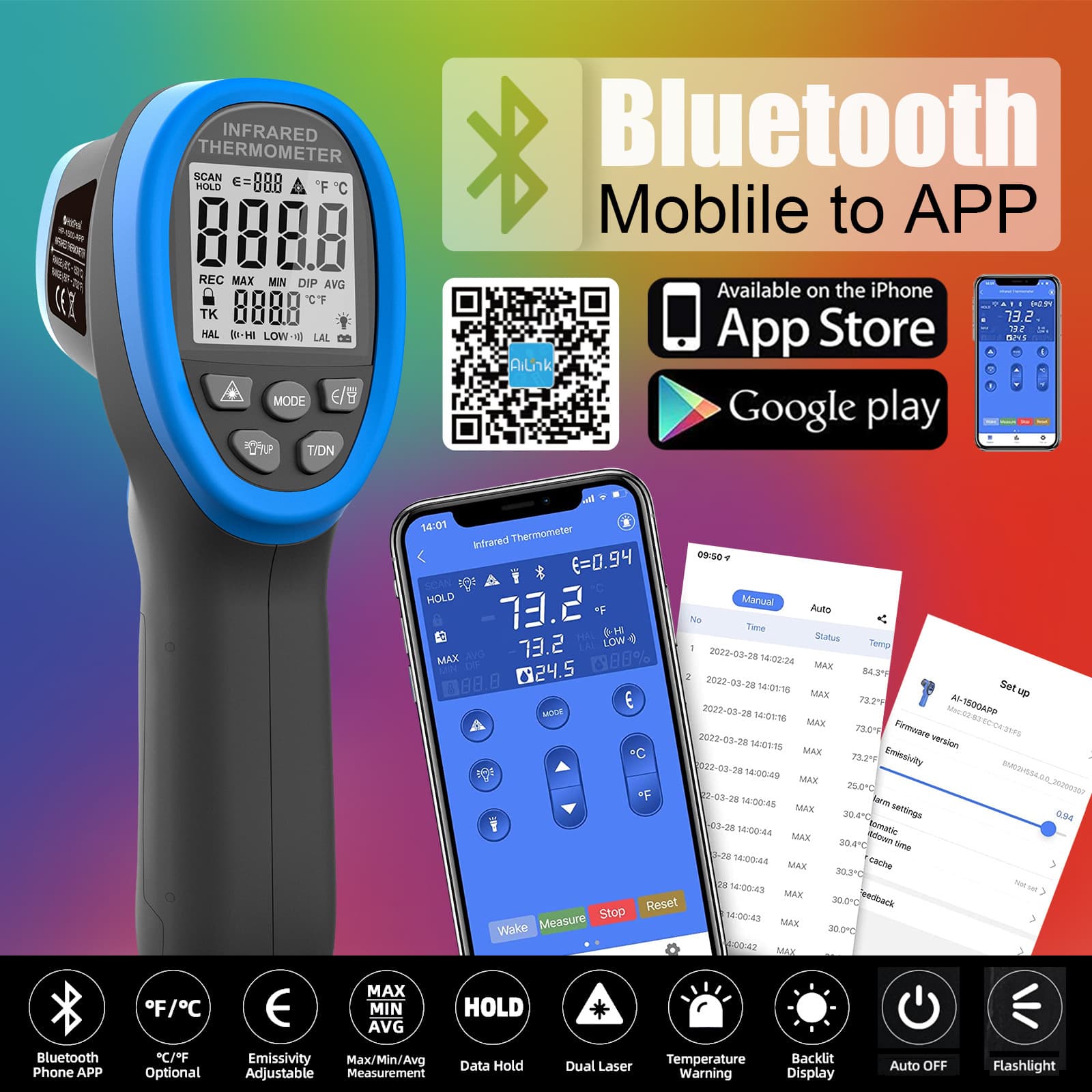 Huapu 1500-APP High Temperature Dual Laser Bluetooth Thermometer Industrial Electronic Thermometer Infrared Handheld Thermometer Gun