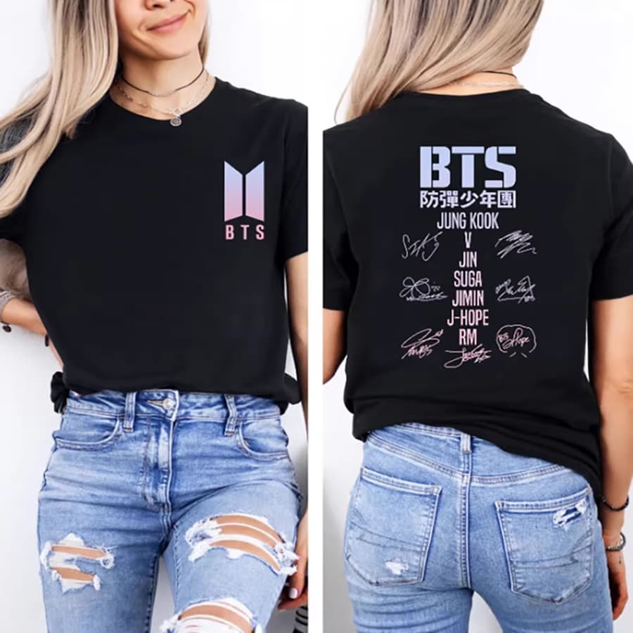 BTS Full Member Signed T-Shirt Gradient LOGO ARMY Support Pure Cotton Loose Short Sleeve