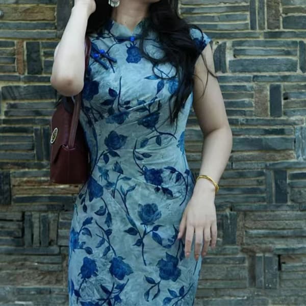 Blue cheongsam women's new Chinese style improved dress summer large size elastic slim daily 2026 new style huge good-looking
