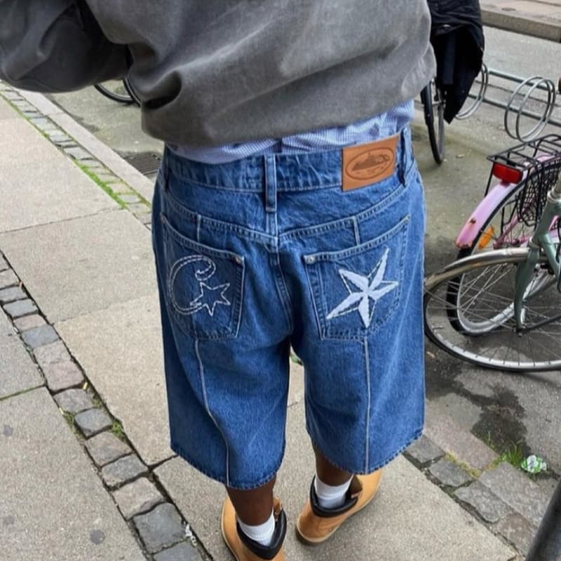 Corteiz Alcatraz Star Embroidered Jeans Men's High Street Vintage Washed Shorts Bermuda Shorts Summer Cross-border
