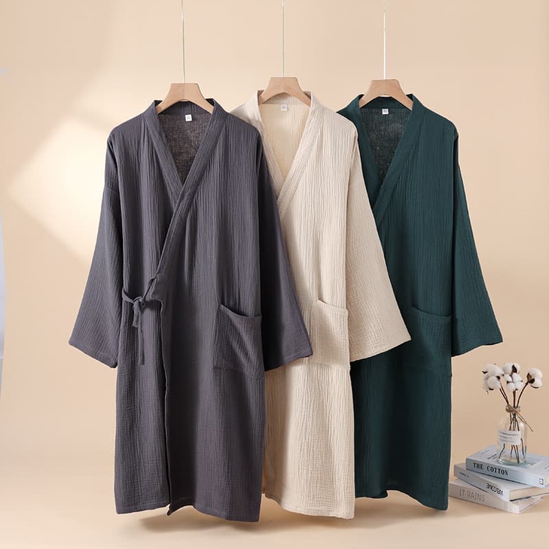 Spring and summer thin cotton double-layer gauze nightgown women's kimono yukata mid-length cardigan large size floral nightgown Japanese style