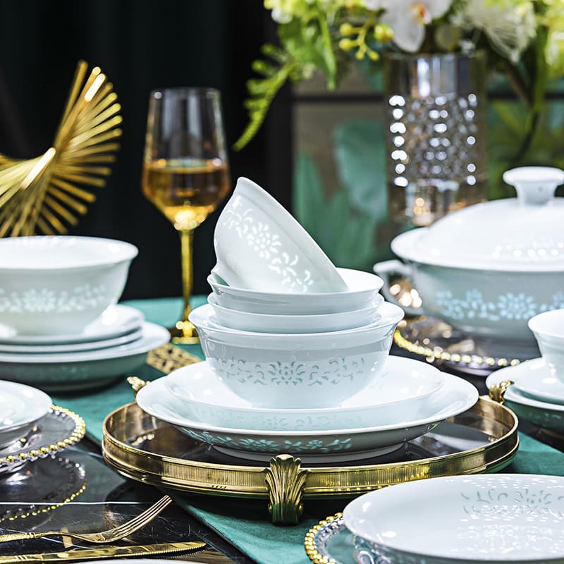 Jingdezhen High-Temperature Ceramic Tableware Shadow Celadon Linglong Porcelain Underglaze Color Bowl and Plate Set Home Wedding Housewarming Gift