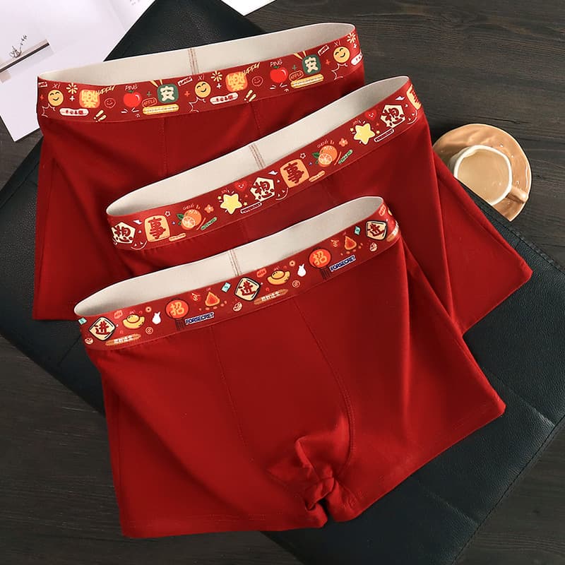 Men's Underwear Pure Cotton Antibacterial Gusset for Zodiac Year Wedding, Men's Ankora Red Autumn/Winter New Style Boxer Briefs