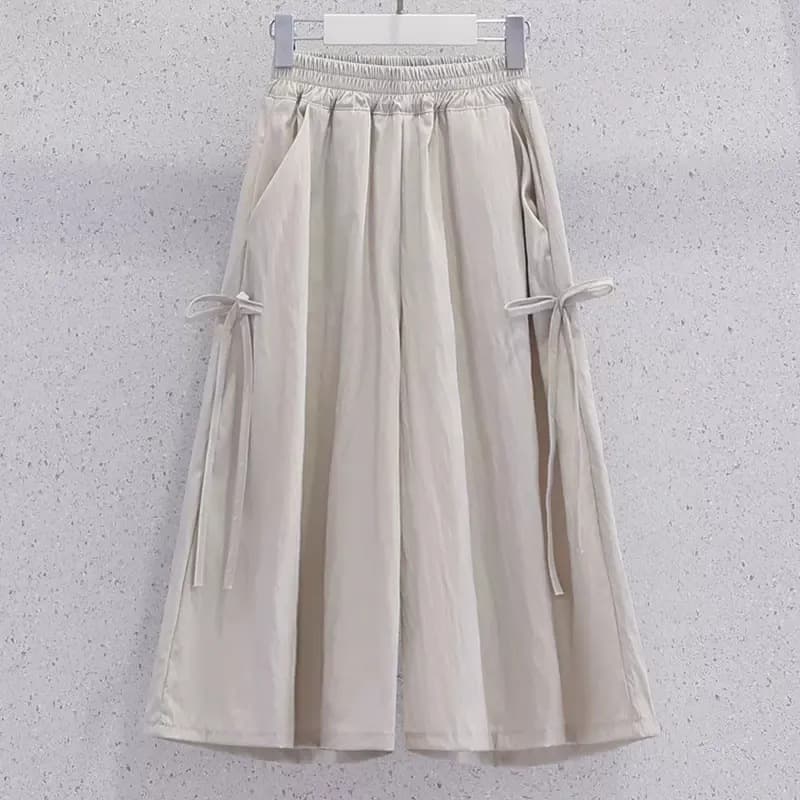 Girls' Solid Color Summer Pants for Primary and Secondary School, Casual Style, Fashionable New Three-Quarter Wide-Leg Pants