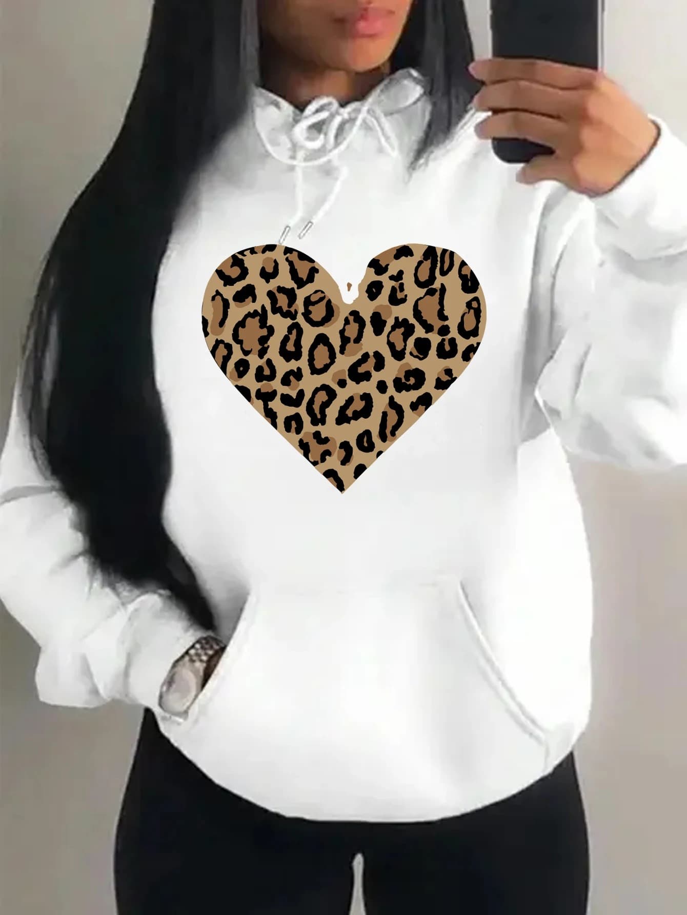 Simple Leopard Print Heart Design Hoody Women Oversize Fleec