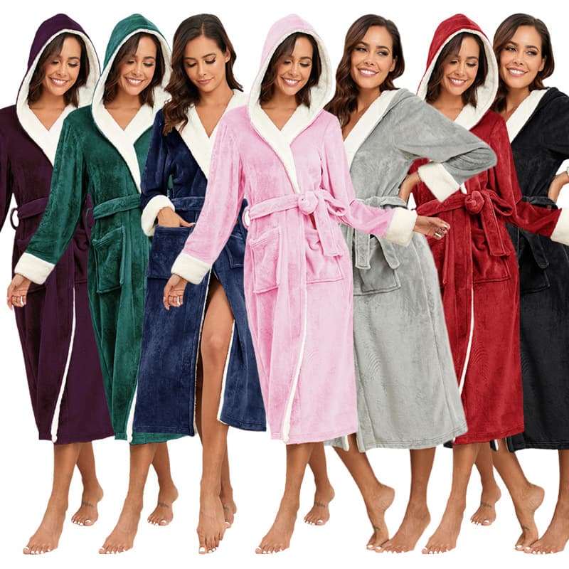 Cross-border Women's Flannel Color-Block Hooded Robe Long Bathrobe for Autumn and Winter Homewear Hotel Couple Pajamas