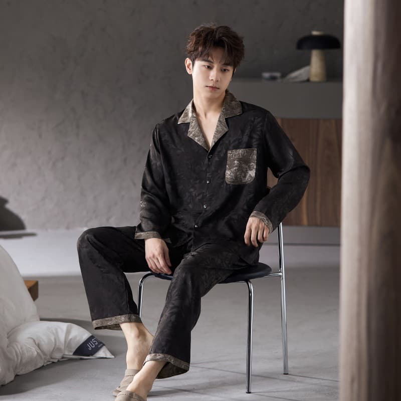 Men's Ice Silk Pajama Set Long Sleeve Cardigan 2026 New Premium Thin Suit