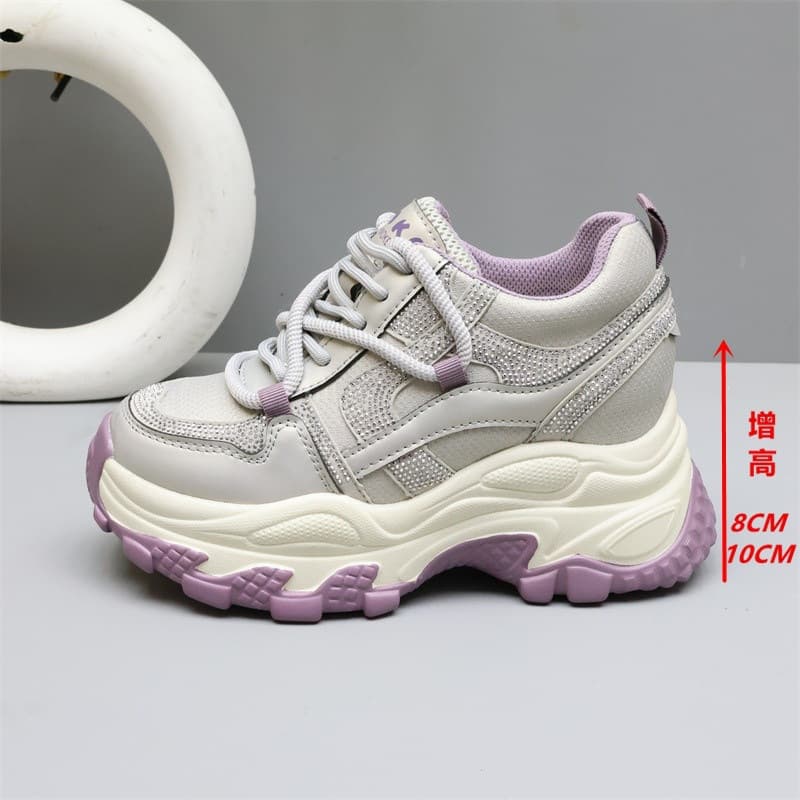 Invisible Height Increase 8-10CM Chunky Dad Sneakers for Women Spring Breathable Versatile Rhinestone Short Stature Casual Sports Shoes