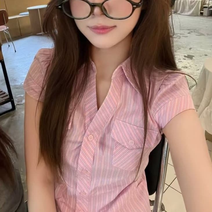 Korean Pink Striped Waist Slimming Shirt for Women Design Short Sleeve Blouse Summer New Slim Fit Top Outerwear
