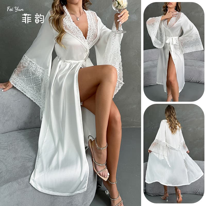 New Cross-Border Satin Morning Robe Pajamas for Women Lace Light Luxury Long Sleeve Cooling Robe Bathrobe Homewear 780