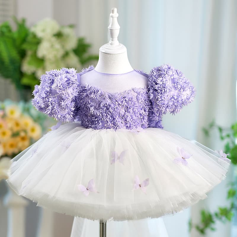 Purple Bubble Sleeve Children's Princess Dress Baby Birthday Tulle Skirt Children Dresses