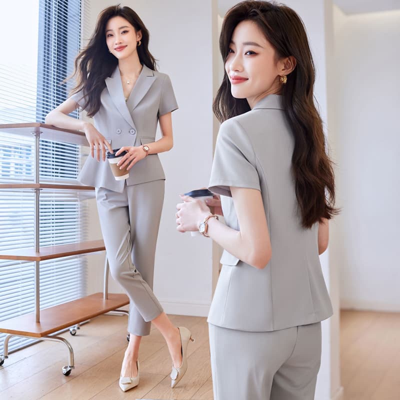 Summer Women's Blazer Suit Set Thin Professional Formal Wear Office Attire Gray Short-Sleeve Blazer