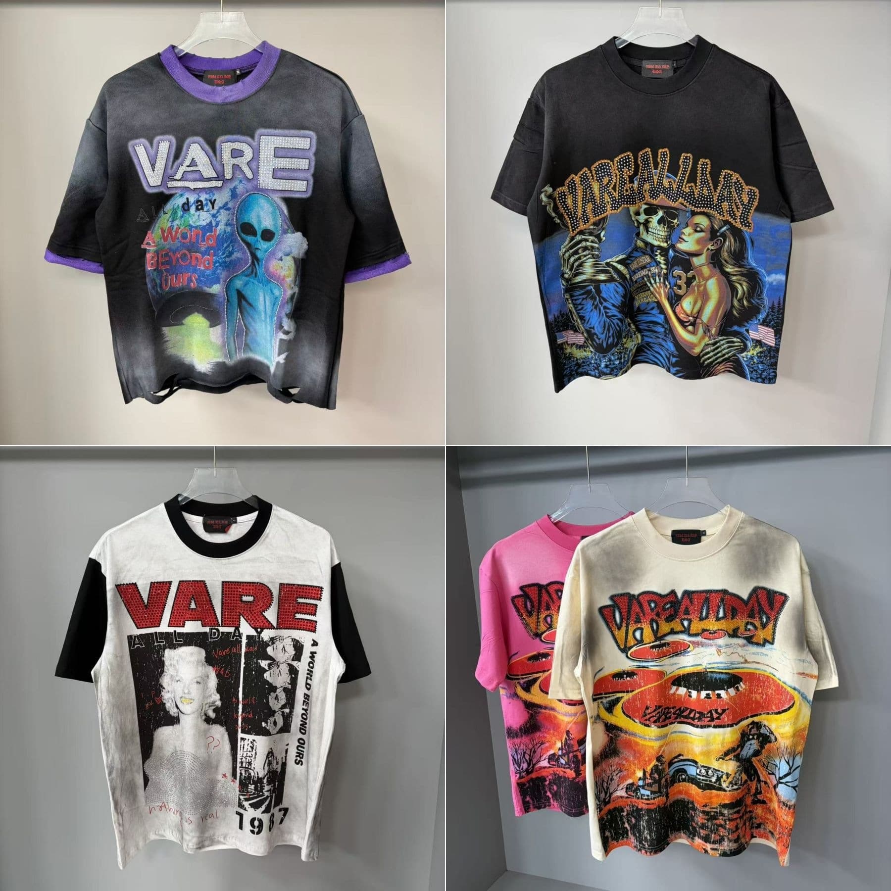 2026 Summer New American Streetwear VARE ALL DAY Washed Distressed Vintage Rhinestone Cotton Short Sleeve T-Shirt