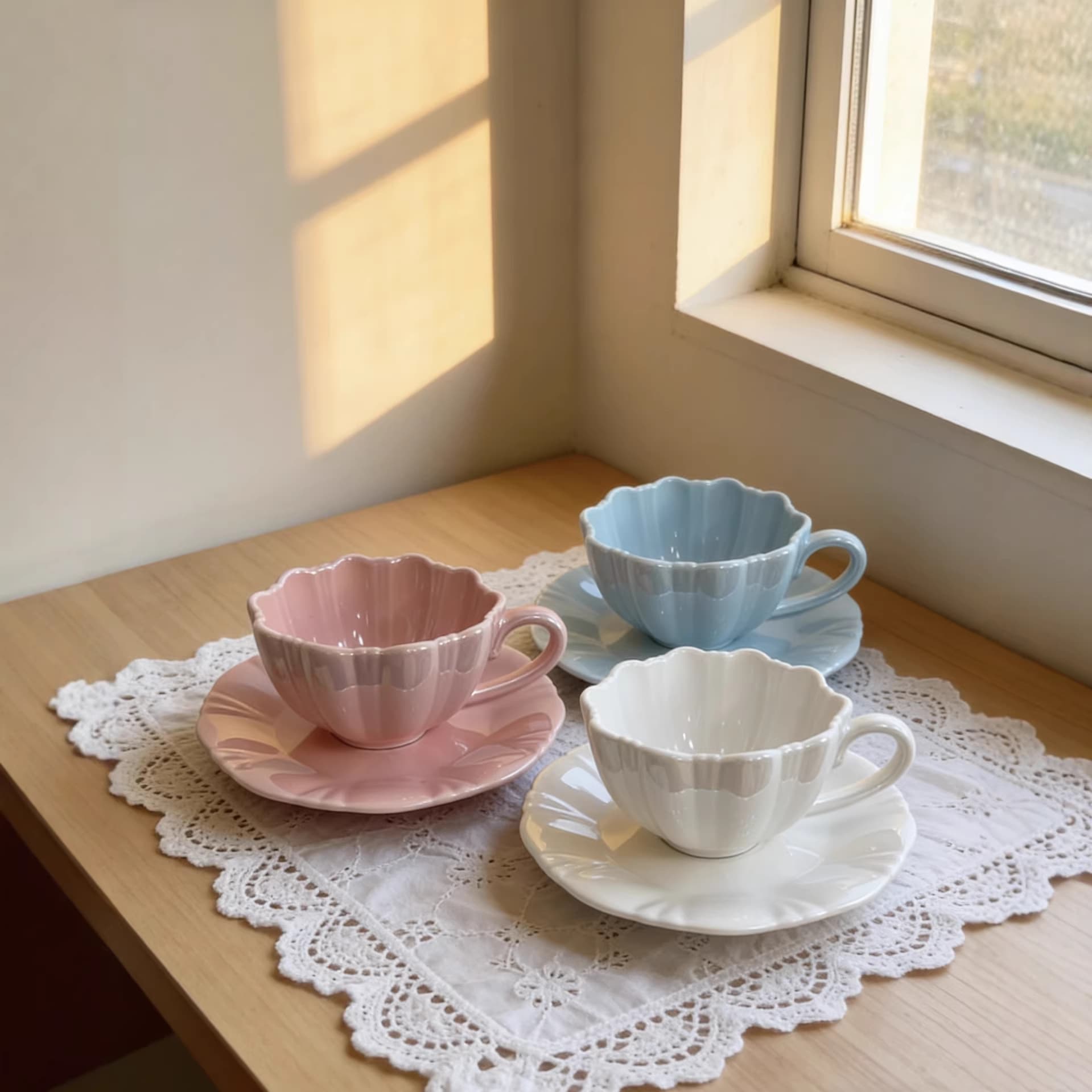 Ins-style Macaron Color Petal Ceramic Coffee Cup and Saucer Set, High-End Afternoon Tea Cup, Wholesale Gift