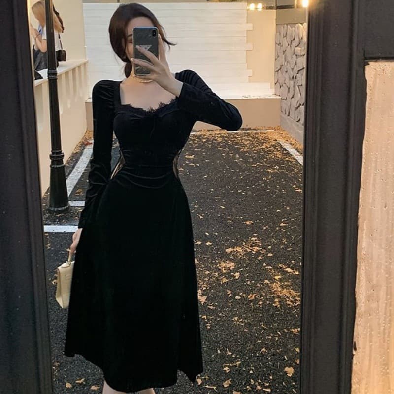 French Elegance Women's Dress High-End Luxury Vintage Black Velvet Dress Autumn Winter New Arrival
