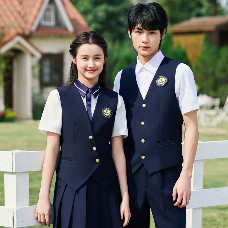 Unisex Sleeveless Blue Vest, High School Student Academic Style Class Uniform, Middle School British Uniform Set