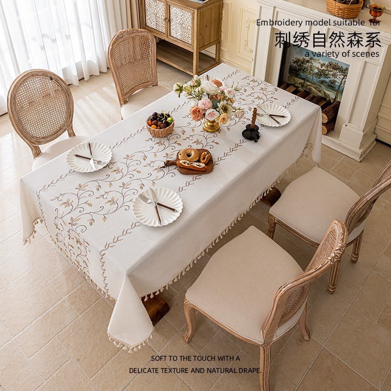 European Style Cotton Linen Tablecloth, Nordic Minimalist Embroidery Table Cloth, High-End Rectangular Table Cover, Coffee Table Cover