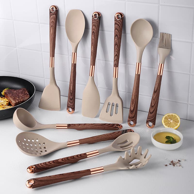 New Wood Grain Silicone Kitchen Utensils 11-Piece Set, Non-Stick Pan Safe, High Temperature Resistant, Home Cooking Spatula and Spoon