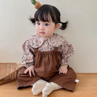 Korean Stylish Floral Top with Overalls Two-Piece Set, Infant Crawling Suit, Spring/Autumn Outfit for Baby Girls