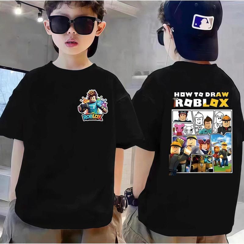Summer new style, versatile children's ROBLOX trendy brand printed short-sleeved T-shirt for middle-aged and older children, handsome boy's bottoming top