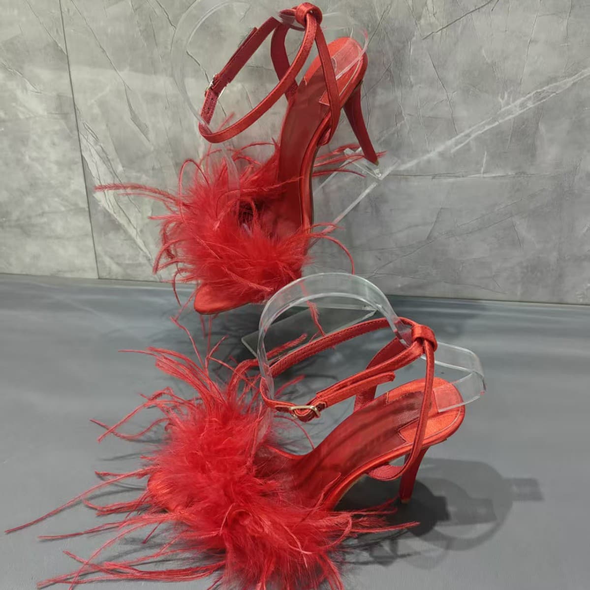 European red feather wedding shoes, satin stiletto heels, dressing gown sandals, sexy strappy party shoes for women