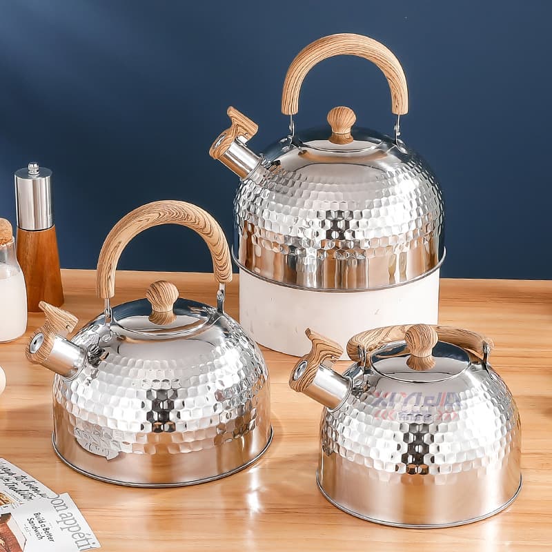 Xiyijia Stainless Steel Whistling Kettle, Flat Bottom Household Retro Wood Handle Large Capacity Multi-functional Whistle Kettle
