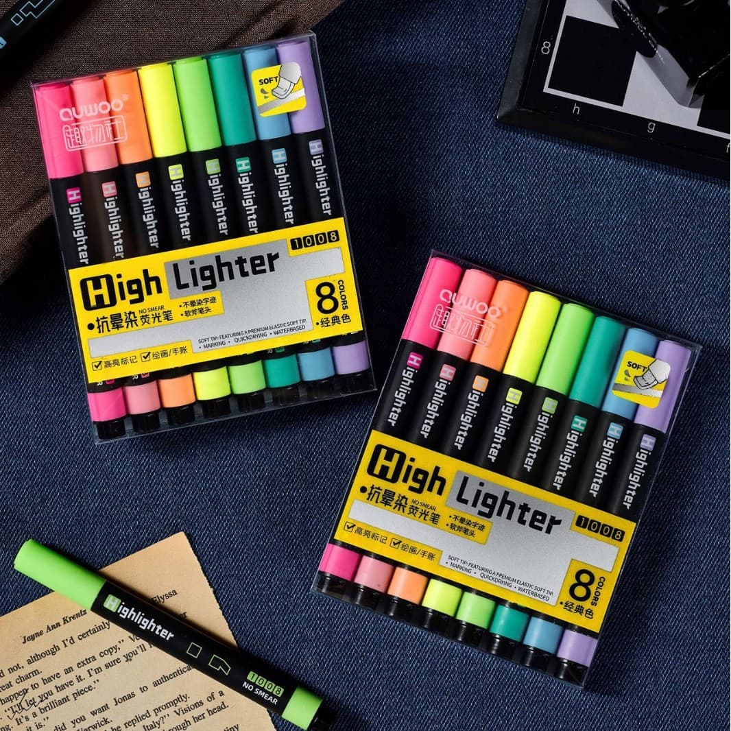 New Anti-Smudge Color Highlighter 8 Colors No Bleed Axe-Shaped Student Highlighting Marker Pen for Key Points Drawing Journaling