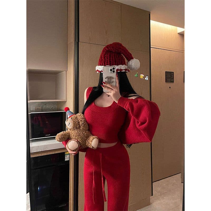 New Year Pure Desire Vest Long Sleeve Cape High-Waist Drawstring Casual Pants Knit Set Niche Photo Outfit