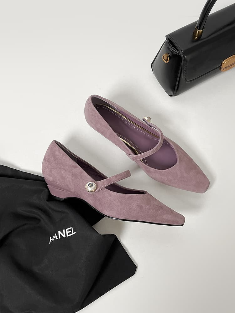 Sheepskin Edition ~ Retro Fairy Style Small Square Toe Mary Jane Shoes, Versatile Low Heel Pearl Single Buckle Strap Shallow Cut Single Shoes