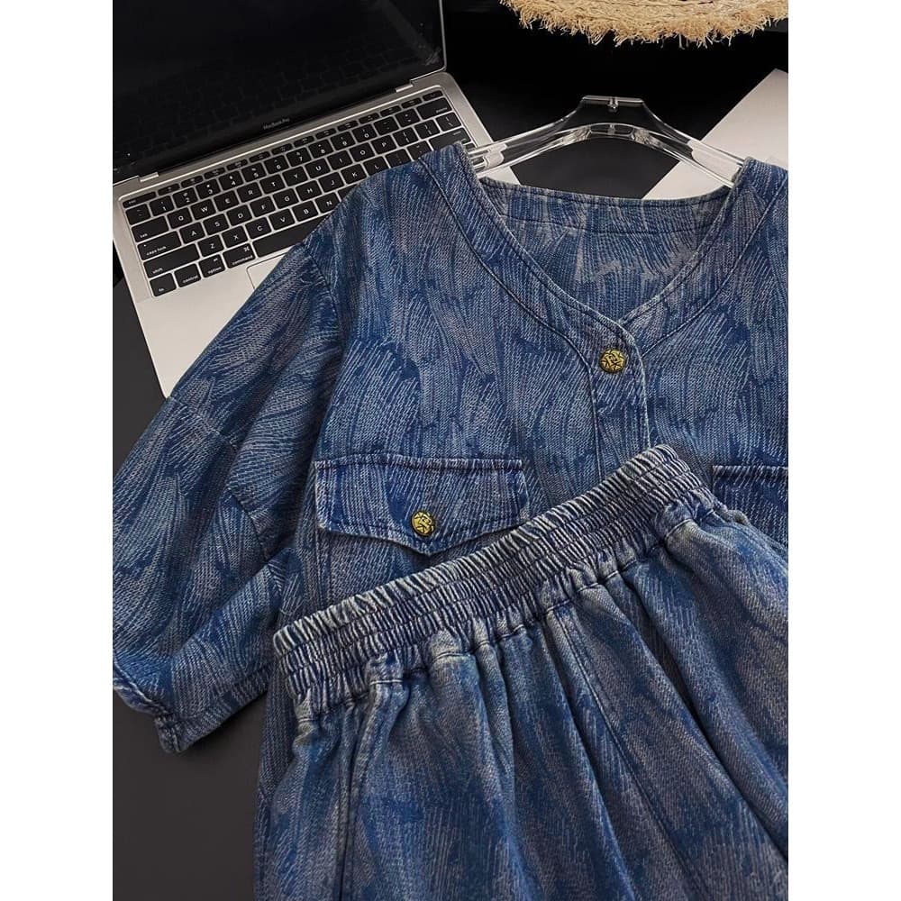Retro Hong Kong Style Denim Short Sleeve Set for Women, Summer Age-Defying Loose Slimming Casual Shorts Two-Piece Set