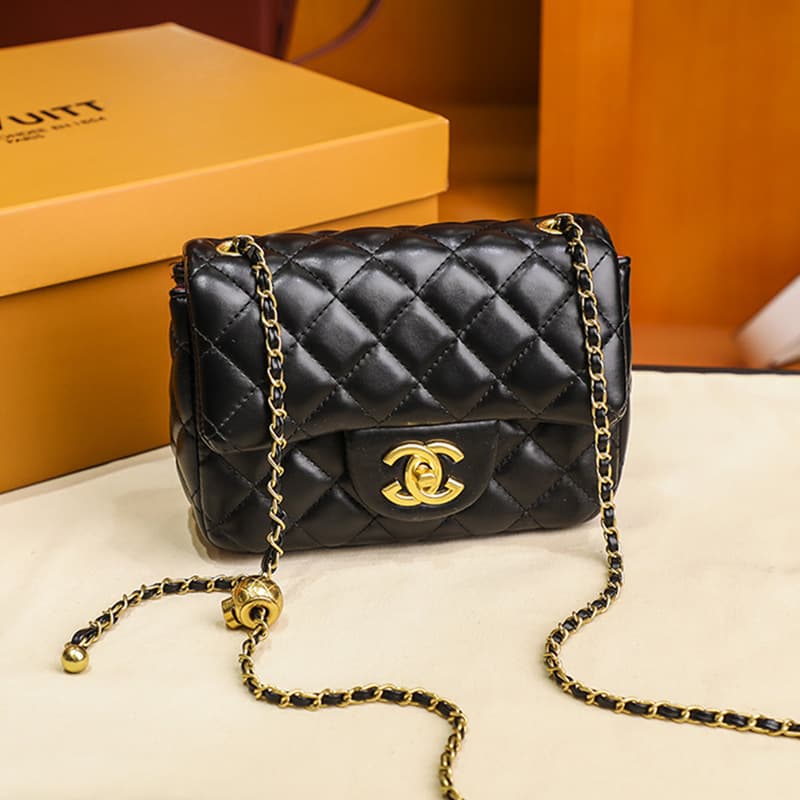 Designer Handbag 2026 New Trendy Fashion Shoulder Bag Chanel-Style Quilted Chain Gold Bead Square Fat Bag Genuine Leather Women's Bag