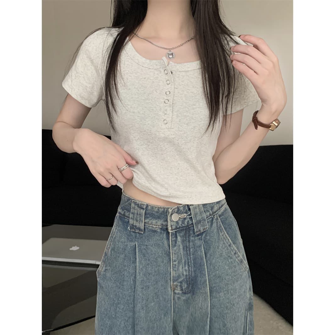 American Style Short Sleeve T-Shirt Women's Half Open Collar Summer Miniature Lock Shoulder Gray Top Button Decorated Cotton