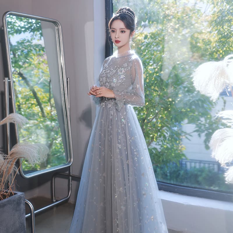 Gray Evening Dress Women 2026 New Banquet Fairy Temperament Art Exam Dress Long Sleeve Birthday Party Annual Meeting Gown