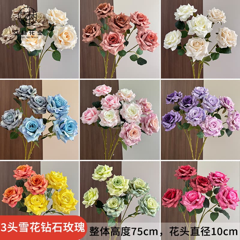 3-Head Snowflake Diamond Rose Artificial Flowers for Wedding Decoration, Bridal Arrangement, Home Decor Props