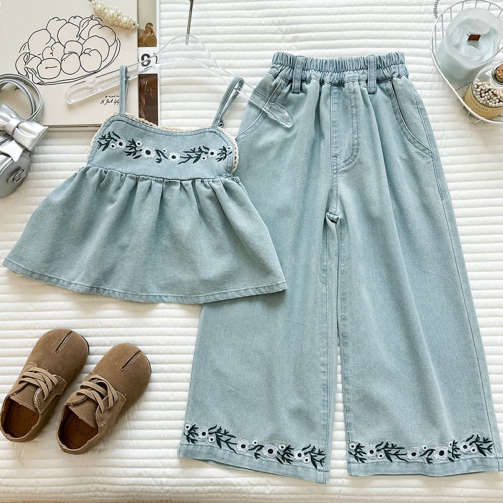 Kids Denim Set 2026 Summer New Girls Embroidered Denim Cami Vest Straight-Leg Pants Two-Piece Set Trendy