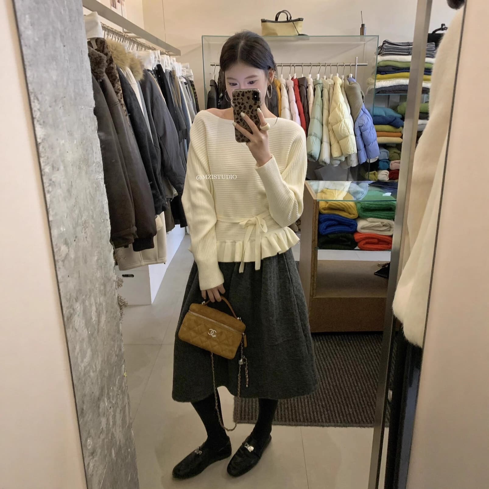 Final Sale, No Returns or Exchanges. Autumn/Winter Korean Style Simple Ruffle Tie Waist Slanted Shoulder Long Sleeve Knit Top for Women 119369