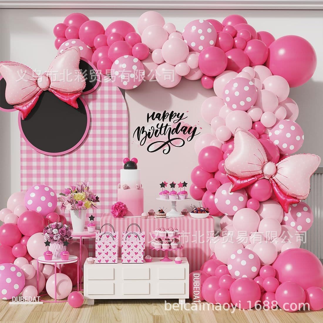 Cross-border 136PC Pink Mouse Bow Balloon Set for Girl Birthday Party Baby Shower Decoration Balloons